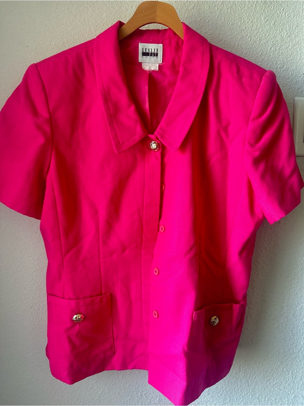 Leslie Fay Bright Hot Pink Short-Sleeve Blazer set with skirt